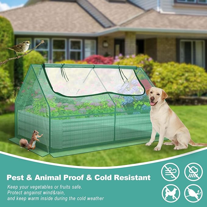 SEJOV 6x3x1ft Galvanized Raised Garden Bed with Cover &amp 2 Large Windows Mini Greenhouses for Outdoors Metal Planter Box Kit for Vegetables Flowers Herbs 1 Pair of Gloves Included Green