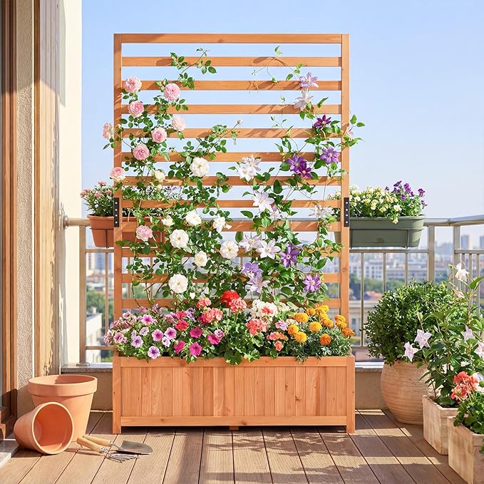 BECOMFORT 59”H Raised Garden Bed with Trellis Tall Fir Wood Planter Box with Liner &amp Drainage Gaps for Climbing Plants Vegetables &amp Flowers Outdoor Privacy Planters for Patio Balcony Yard