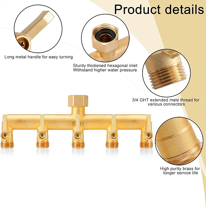 EBH Brass Garden Hose Splitter 5 Way Outdoor Frostproof Tap Hose Splitter with 5 Individual On/Off Valve and Extended Handle GHT 3/4-Inch Heavy Duty Hex Female Inlet and 3/4-Inch Male Outlet