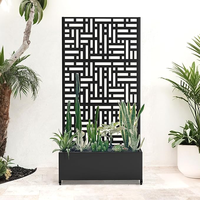 Metal Raised Garden Bed with Trellis Privacy Screen for Outdoor Plants Planter Box with Wheels for Patio 35L×16W×71H Privacy Planters for Climbing Vegetables Flowers Fruits (Black Street)