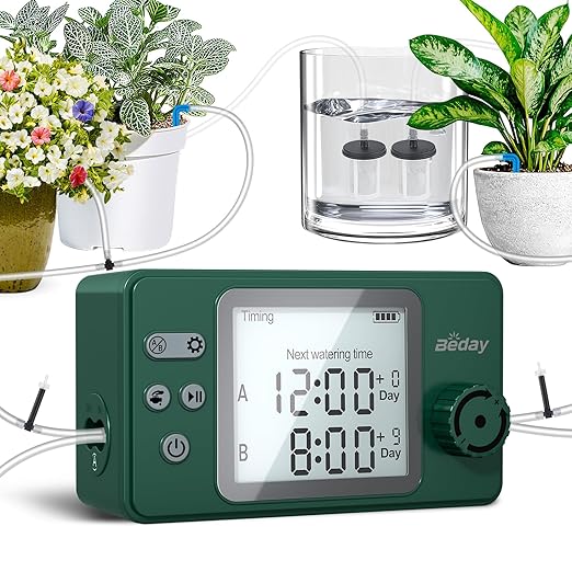Automatic Watering System Dual Pump for Indoor Plants Built-in Rechargeable Battery Two Independent Water Zones Worry-Free Vacation Drip Irrigation Kit Water-Saving Smart Plant Waterer Green