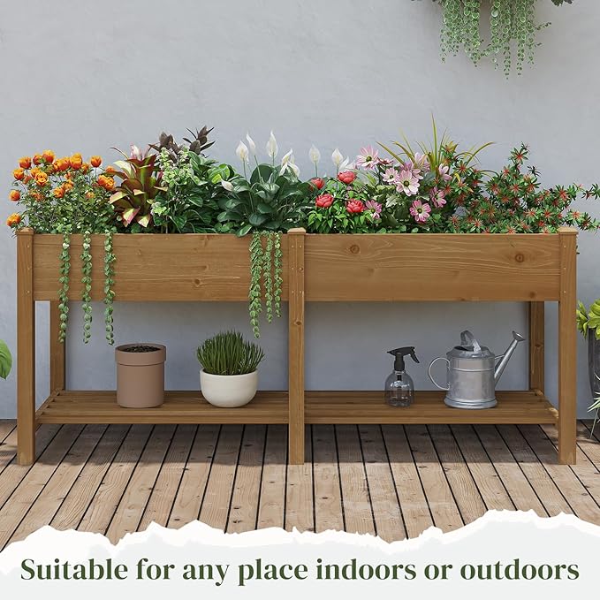 Wooden Raised Garden Bed Planter Box with Legs Garden Planter with Divider Bag for Backyard Patio Balcony Planter Stand Box for Herbs and Vegetables (Brown-L)