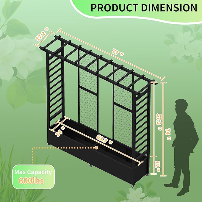 Raised Garden Bed with Trellis &amp Hanging Roof Weatherproof Metal Planter Box with Wheels Garden Arch Trellis for Outdoor Climbing Plants Vines Flowers 74 H x 77 L x 17 W Black
