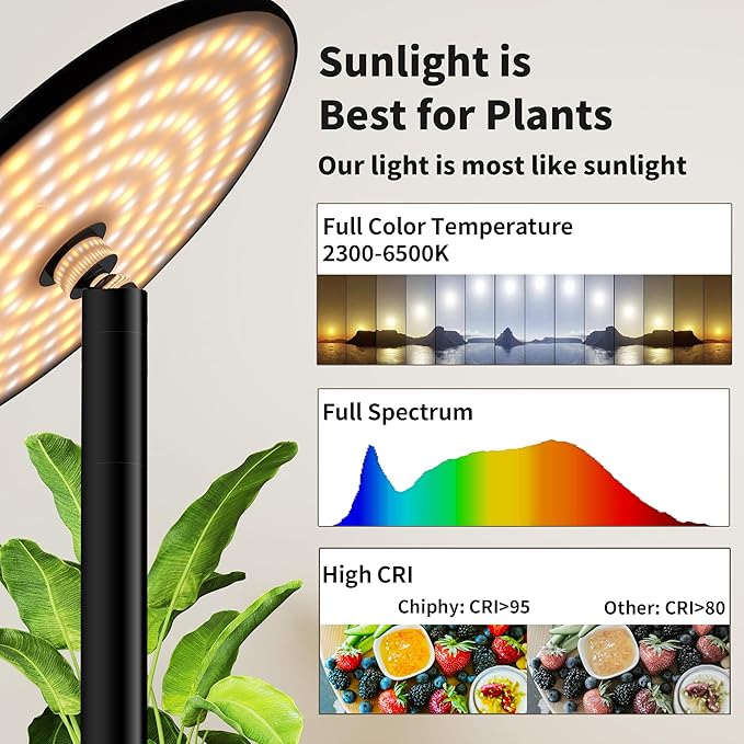 chiphy Grow Lights 85 Full Spectrum Plant Light for Indoor Plants 4/8/12H Timer 40W Grow Lamp 10 Dimmable Brightness Height Adjustable Ideal for Large Tall Plants