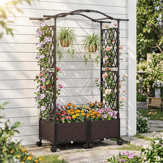 HAPPYGRILL Raised Garden Bed with Trellis Tall Self-Watering Planter Box on Lockable Wheels w/Roof Weatherproof Rattan Garden Bed Outdoor for Climbing Vine Flower (41” x 16” x 58”)