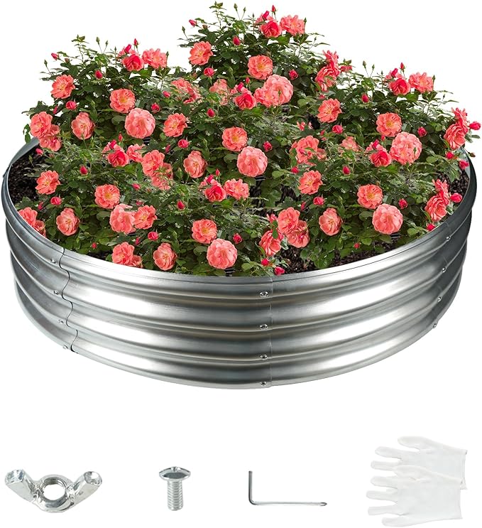 4FT Diameter Galvanized Garden Raised Bed/Plant Box/Fire Pit Ring-0.8mm Thick12 Inch TallCrimped Edge and CornerNo SharpePerfect for Plantings (Silver 48 Dia X 11.5 inches)