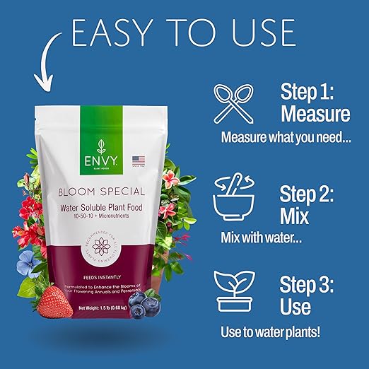ENVY Bloom Special Plant Fertilizer for Flowering Plants 3 Pound - Makes 300 Gallons for Indoor and Outdoor Plants Pet Safe Water Soluble Made in USA