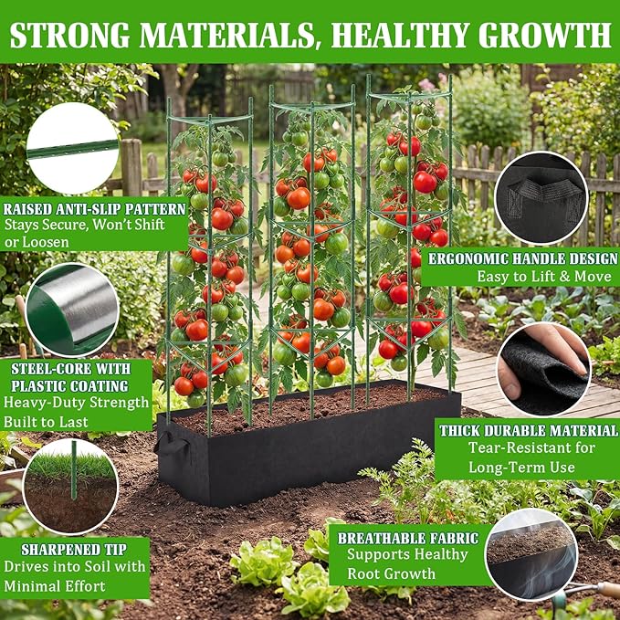3-Pack Tomato Cage with 57 Gallon Raised Garden Bed - Anti Collapse Steel Core Plant Support System for Climbing Vegetables Plants Flowers 48 Adjustable Vertical Tomato Trellis for Garden Balcony