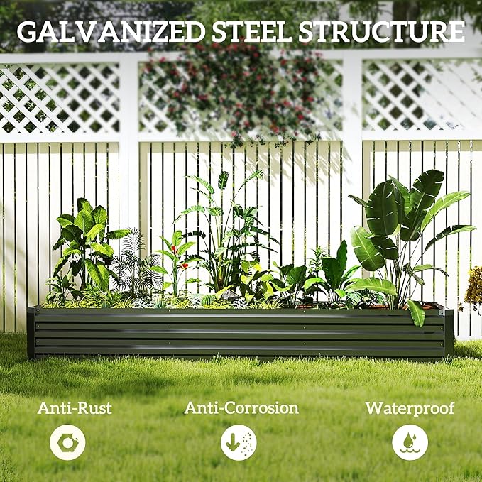 Outsunny 8 x 2 x 1ft Galvanized Raised Garden Bed Kit Outdoor Metal Elevated Planter Box with Safety Edging Large Raised Bed for Growing Flowers Herbs and Vegetables Dark Gray