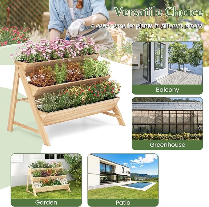 3-Tiers Raised Garden Bed Wooden Garden Planter with 3 Planter Box &amp Storage Shelf 2 Convenient Side Hooks Outdoor Elevated Plant Box Stand with Leg for Flowers Vegetables