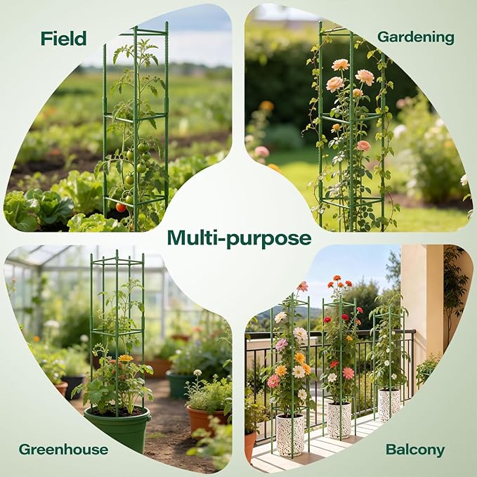 Halatool 63 Inch Tomato Cages 4 Pack Adiustable Plant Cages Assembled Tomato Garden Cages Stakes Vegetable Support Trellis with 120 Feet Twist Tie Snap-On for Vertical Climbing Plants