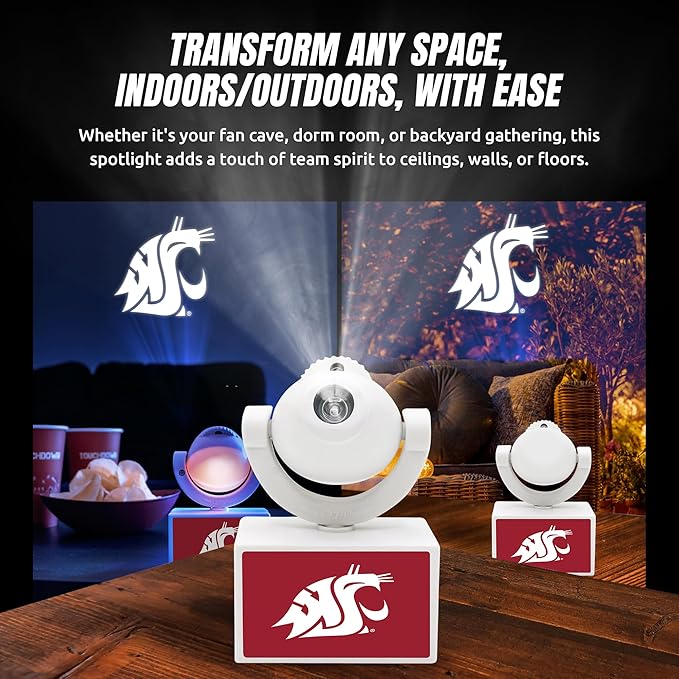 Sporticulture NCAA American Football Washington State - Adjustable Led Mini Spotlight Projector with 6 Team Logo Designs - Portable &amp Rechargeable Spotlight - Battery-Operated - 4.375” x 3.125”