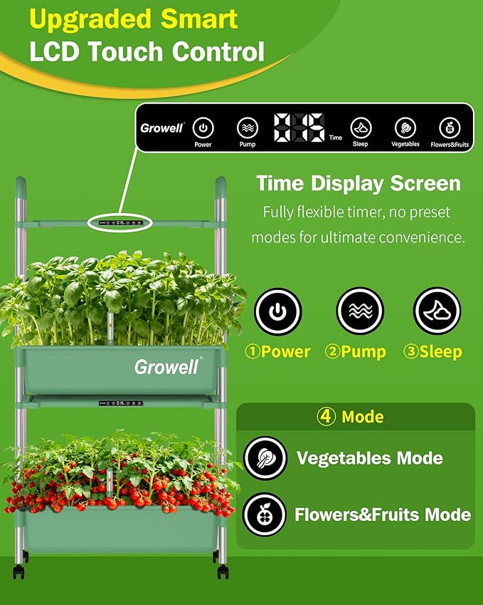 Large Hydroponics Growing System Kit Vertical Indoor Herb Garden Kit with LED Grow Light &amp Independent Water Pump 28L Movable Indoor Planter Perfect Gardening Gifts (2 Tier-54 Pods Green)