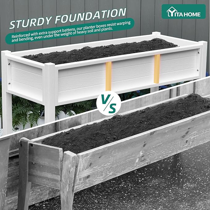YITAHOME Raised Garden Bed HDPE 47x18x31In Raised Flower Bed Poly-Wood Weather-Resistant Elevated Planter Box with Lockable Wheels &amp Storage Shelf for Vegetable Flower White