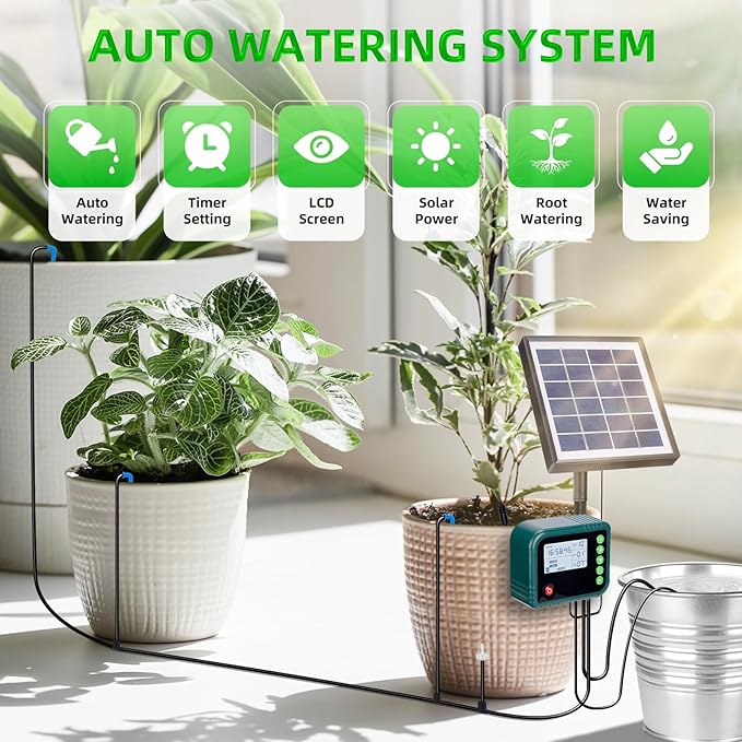 Solar Automatic Drip Irrigation Kit SystemAutomatic Plant Watering Devices Programmable Water TimerLED Display for 15 Potted Plants Outdoor Indoor Garden Balcony Vacation