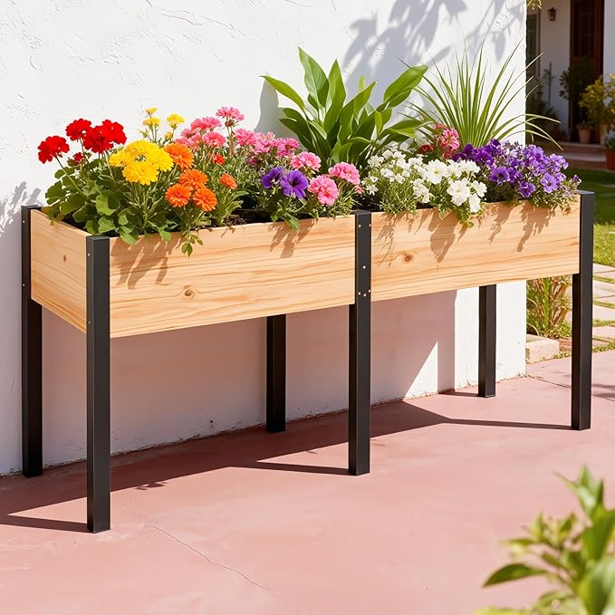 SUNYRISY Dual Wooden Raised Garden Bed Outdoor with Metal Legs for Gardening 71 L x 23.6 W x 31.5 Elevated Planter Garden Box Raised Bed for Vegetable Flower Herb