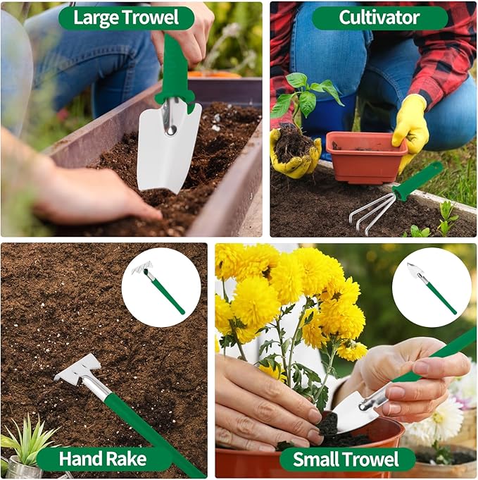Gardening Tool Set 11 Pieces Gardening Tools with Carrying Case Garden Tool Kit for Digging Planting Pruning Unique Gardening Set with Gloves for Women and Men (Green)
