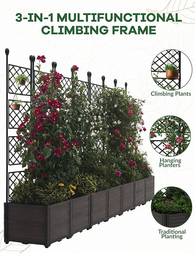 Garvee 7 PCS Plastic Plant with Metal Trellis Raised Garden Bed with Trellis Planter for Climbing Plant Outdoor Raised Box Privacy Screen for Patio Balcony Planter for Backyard Patio