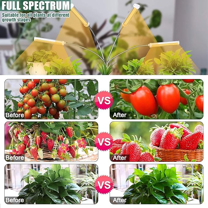 LED Grow Lights for Indoor Plants 420 LEDs Full Spectrum Plant Lights for Indoor Growing with 15-63 inches Adjustable Tripod Stand 4 Heads Floor Grow Lamp with 3/6/12H Auto On/Off Timer Function