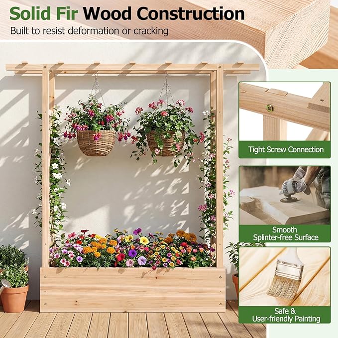 HAPPYGRILL Raised Garden Bed with Trellis &amp Hanging Roof 45 Tall Wooden Planter Box with Drainage Holes Outdoor Wood Elevated Garden Bed for Climbing Plants Vines Vegetables Flowers (Natural1)