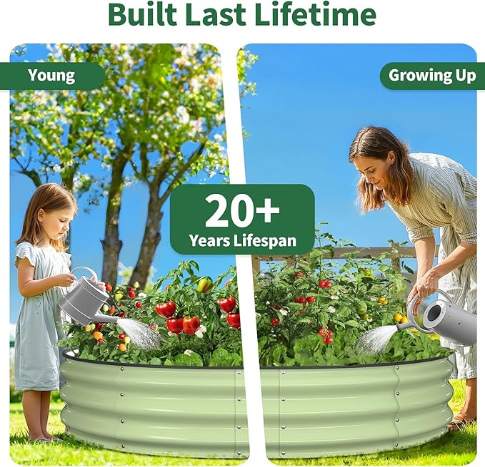 Kesfitt Round Raised Garden Bed 4x4x1 FT Galvanized Steel Metal Garden Bed Open-Bottom Design 12-Inch Deep Outdoor Raised Garden Bed for Vegetables &amp Herbs Fruit Green