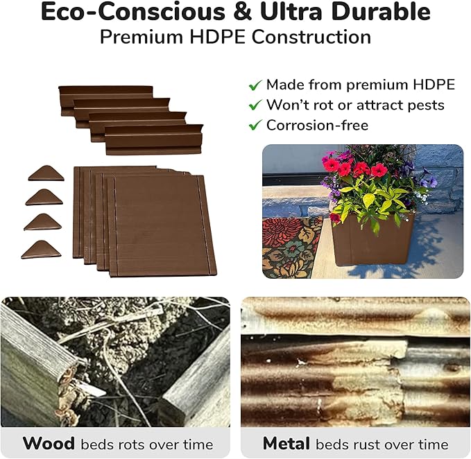 Raised Garden Bed - 1x1 ft Planter Box - Brown HDPE - No Tools Needed - DIY Kit for Urban Gardening Flowers Herbs &amp Vegetables - Made in The USA - 2 Pack