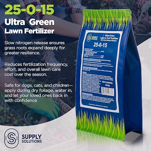 Supply Solutions 25-0-15 Ultra Green Lawn and Turf Fertilizer - 16% Slow Release Nitrogen - Promotes Lush Green Lawns and Strong Root Growth Reduces Mowing Frequency (10 Pounds)