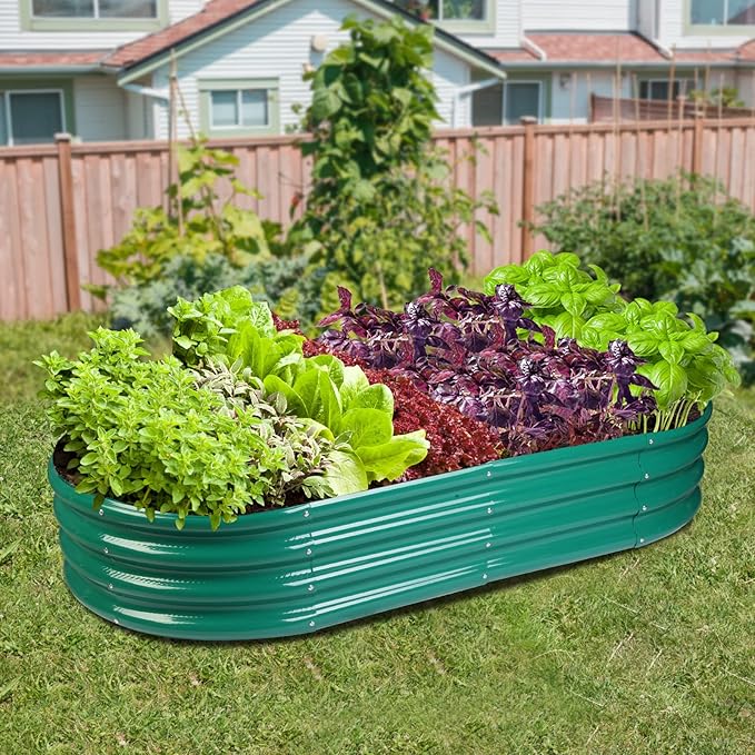 Raised Garden Bed GRS Certified Galvanized Planter Box Outdoor 6.5ft Oval Rot-Resistant Metal Garden Bed Planter Recycled Eco-Friendly Material Planter for Vegetables Flowers Herbs (Green)