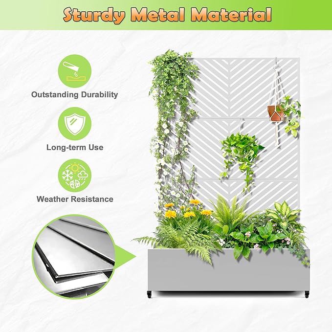 Metal Raised Garden Bed with Trellis 2-in-1 Planter Box &amp Privacy Screen for Climbing Plants Outdoor Standing Flower Bed with Drainage Holes 47.2 L x 16.7 W x 70.8 H White-Parallel