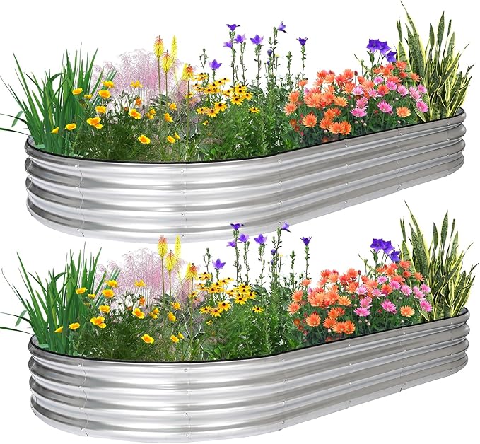 JERIA 2 Pcs 8×4×1ft Oval Raised Garden BedGalvanized Raised Garden Bed Kit Outdoor Metal Gardening Planter Box for Vegetable Fruits FlowerHerbs