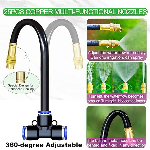 98 Ft Drip Irrigation System360°Bendable Drip Irrigation Kit25 Nozzles and 27 Quick ConnectorsAutomatic Garden Irrigation SystemAdjustable Atomizing System for Plants GreenhouseYardLawn