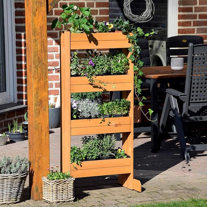 dobar® 58372FSCe Vertical Flower Bed Solid Wood | Vertical Raised Bed with 4 Planters | Vertical Bed for Garden/Patio/Balcony | Flower Stairs Including Plant Film | 55 x 40 x 125 cm | Brown