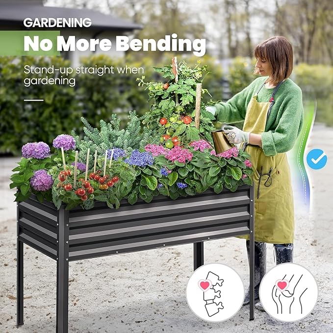 KING BIRD Raised Garden Bed with Irrigation System and Legs Galvanized Elevated Planter Box 48×24×31.5 in for Backyard Patio Balcony 400lb Capacity Dark Grey