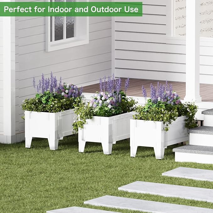 Elevated Metal Planter Box Stand Heavy Duty Raised Garden Bed for Vegetables Flowers Herbs Indoor Outdoor Use White