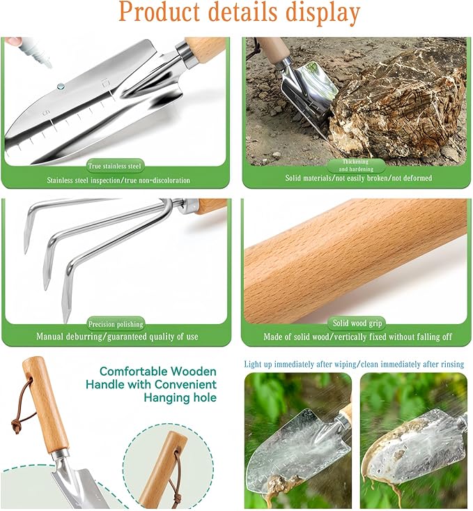 Personalized Garden Tool Set 3-Piece Stainless Steel Kit with Wooden Handles Hand Trowel Rake &amp Shovel for Planting and Weeding for Weeding Planting Transplant Ideal Garden Gift for Women&amp