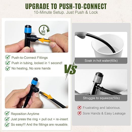 Push-to-Connect Drip Irrigation System Adjustable Irrigation System for Garden Raised Bed Automatic Plant Watering System Complete Drip Irrigation Kit with Drip Emitters Tubing Connectors