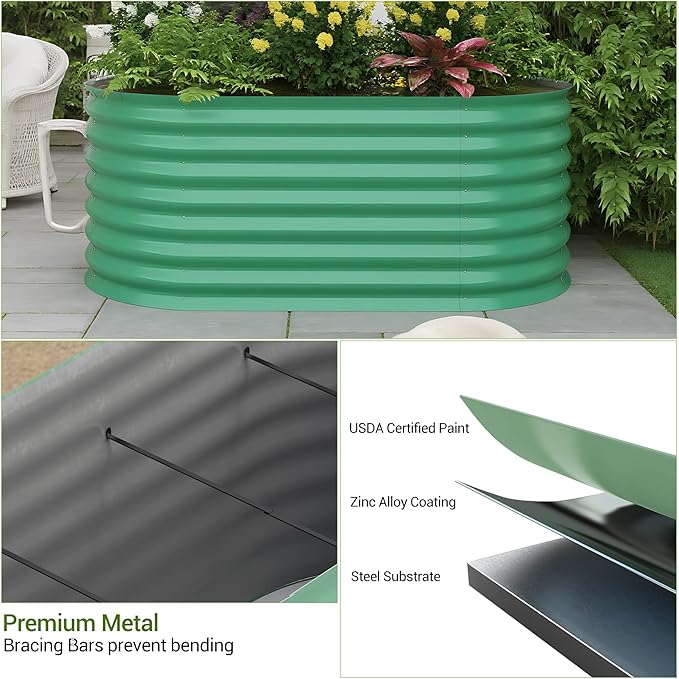 IDEALHOUSE 8x4x2 Ft Galvanized Metal Raised Garden Bed 24-Inch Tall Outdoor Planter Box for Vegetables Flowers &amp Herbs Rust-Resistant Garden Beds for Backyard Patio or Balcony Green