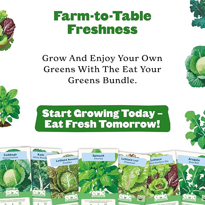 Epic Gardening Eat Your Greens Seed Kit - 7 Heirloom &amp Non-GMO Varieties Includes Kale Spinach Arugula &amp Romaine Lettuce Grow Fresh Greens for Salads Smoothies Healthy Meals Ideal for B