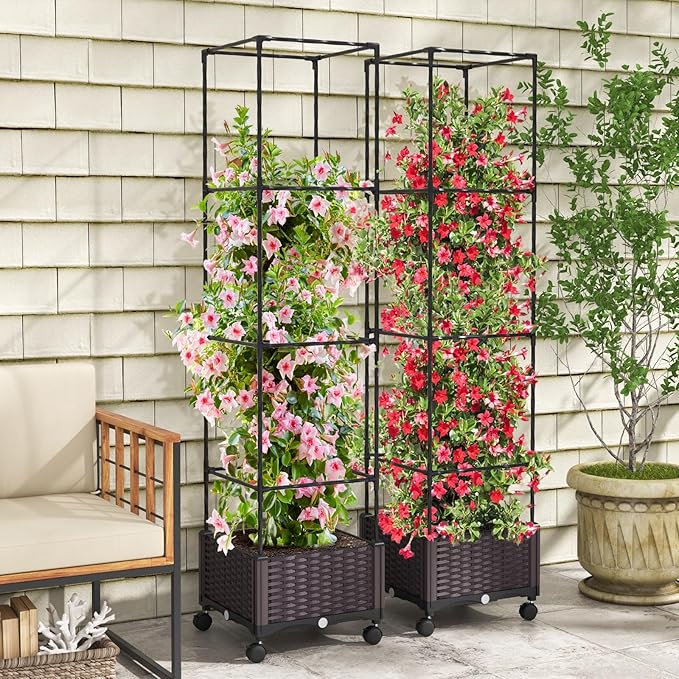 Giantex Raised Garden Bed with Tomato Cages 67” Adjustable Height Self Watering Planter Garden Box with Wheels Trellis for Climbing Plants Vegetable Flower