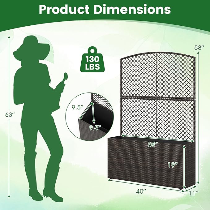 Byroce Raised Garden Bed PE Rattan Planter Box with Lattice Trellis Liner &amp Drainage Outdoor Standing Privacy Planter for Patio Balcony Climbing Plants &amp Hanging Flower (1 Brown 40” x 11”