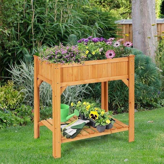 HAPPYGRILL 8-Grid Raised Garden Bed 36” Elevated Wood Planter Box with Liner &amp Shelf Removable Divider Drainage Holes Outdoor Gardening Bed with Legs for Backyard Patio