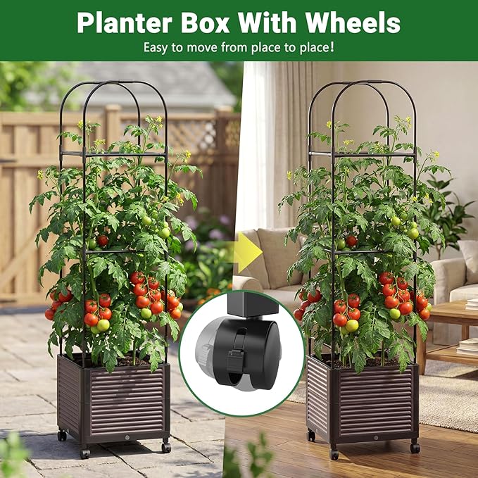 Raised Garden Bed Planter Box with Trellis 61''H Tomato Planters for Climbing Plants Vegetable Vine Flowers Outdoor Patio Tomato Cage Self Watering Planter with Wheels