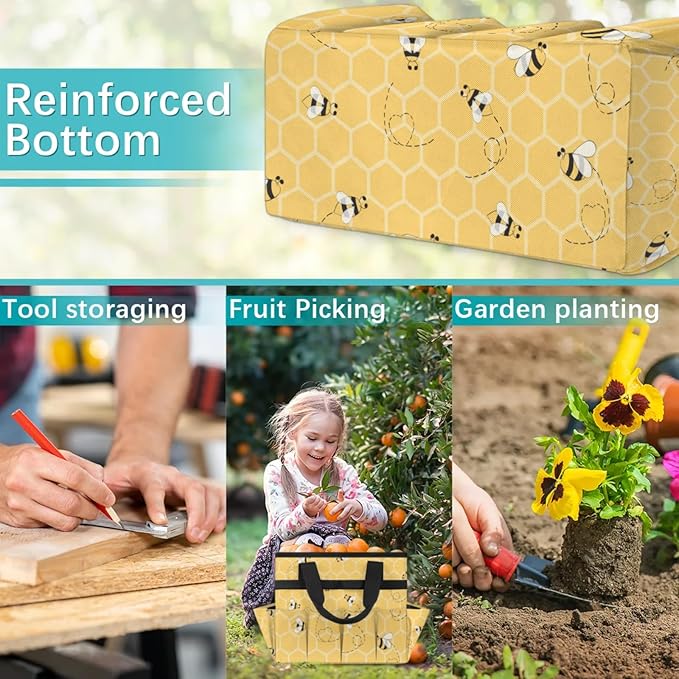 Yellow Bee Gardening Tool BagHeavy Duty Garden Tote BagPortable Oxford Gardening Storage Basket Organizer Handbag with Pockets HandleHand Tools Gifts for Outdoor Garden Lawn Yard