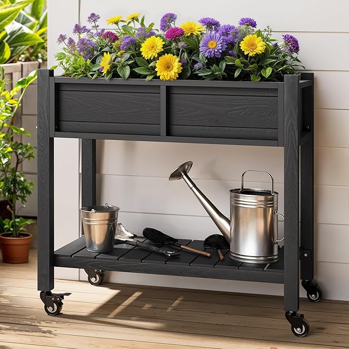 YITAHOME Raised Garden Bed HIPS Poly Wood Elevated Planter Box with Shelf &amp Wheels for Mobility Small Flower Box Stand for Patio Balcony Garden Backyard Black
