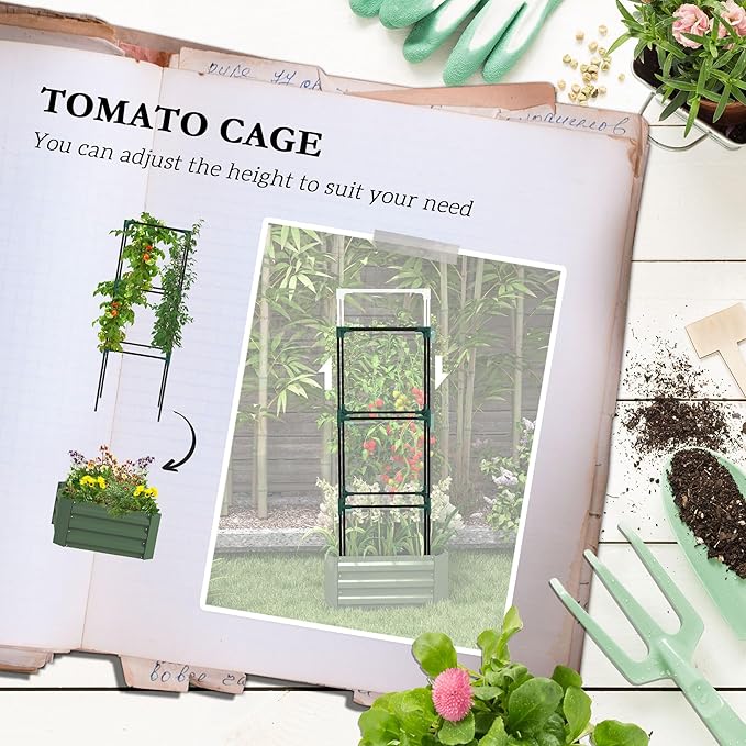 Outsunny Galvanized Raised Garden Bed 55 Tall Outdoor Planter Box with Trellis Tomato Cage and Open Bottom for Climbing Vines Vegetables Flowers in Backyard Garden Patio Green
