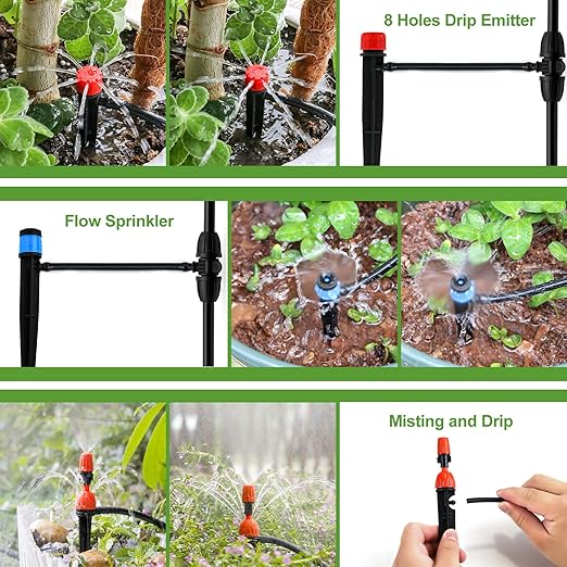 Drip Irrigation Kits 213 FT Mist Cooling Automatic Irrigation System for Outdoor Plants with Distribution Tubing Hose Garden Watering Sprinklers System for Yard Lawn Patio Greenhouse