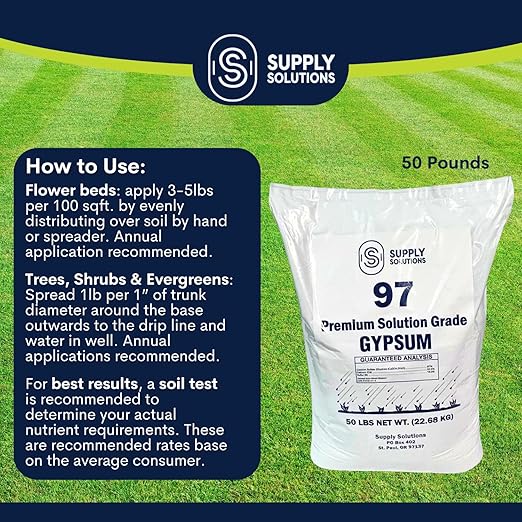 Supply Solutions Premium 97 Solution Grade Gypsum - Fast Acting Gypsum for Soil - Organic Calcium Sulfate Dihydrate - Gypsum Powder for Root Growth Lawns Mushroom Cultivation (50lbs)