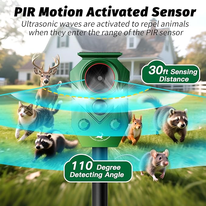 Solar-Powered Ultrasonic Animal Repellent with Motion Sensor Perfect for Outdoor Yards Deer Repellent Device with LED Flashing Lights Effective to Repel Deer Coyotes Raccoons and Cats