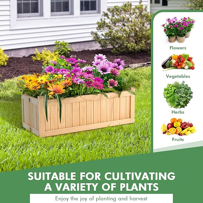 S AFSTAR Outdoor Wooden Planter Box Folding Raised Garden Bed W/Drainage Hole Patio Rectangle Plant Container for Flowers Vegetables Fruits Herbs Collapsible Planting Box for Yard