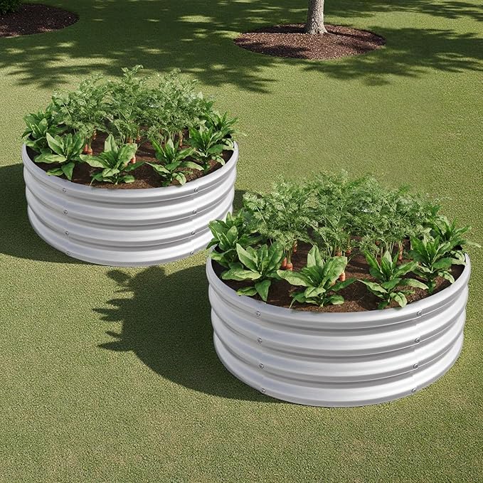 2PCS 32.08 x 11.4 Tall Round Metal Raised Garden Bed - Outdoor Planter Box for Vegetables Flowers Herbs &amp Fruits Backyard Patio Raised Beds Silver
